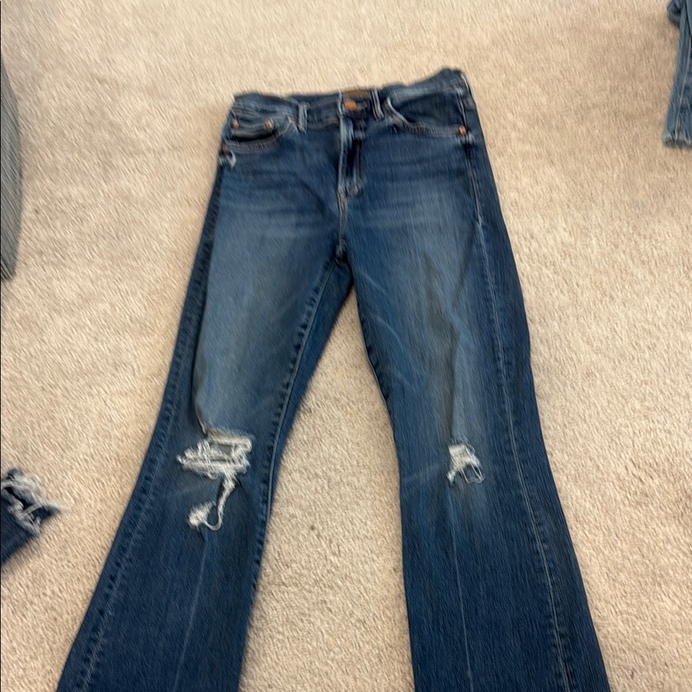 Blue Flare Wide Leg Jeans with Distressed Details